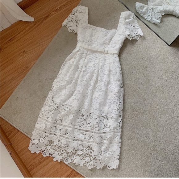 Self Portrait White Guipure Floral Lace Midi Dress - Picture 5 of 16